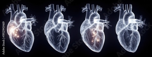 Model of the human heart showing different stages of activity with light effects, set against a dark background