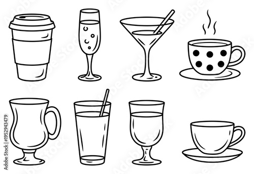Drinkware Icons Set Simple Line Art Vector Illustration