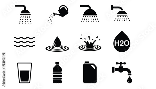 Water icon set including shower, faucet, and bottle illustrations