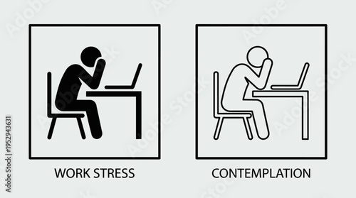 Minimalist monochrome icons of people at laptops, contrasting stressed posture with contemplative reflection, symbolizing workplace emotions and mental states.