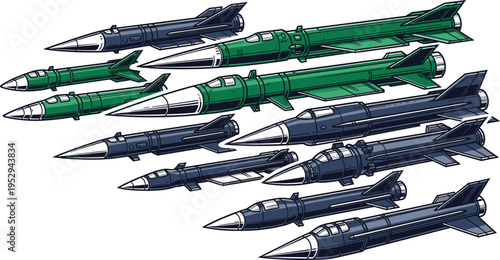 Detailed vector illustration of a squadron of stylized ballistic missiles and hypersonic rockets in green and blue colors isolated on a clean white background