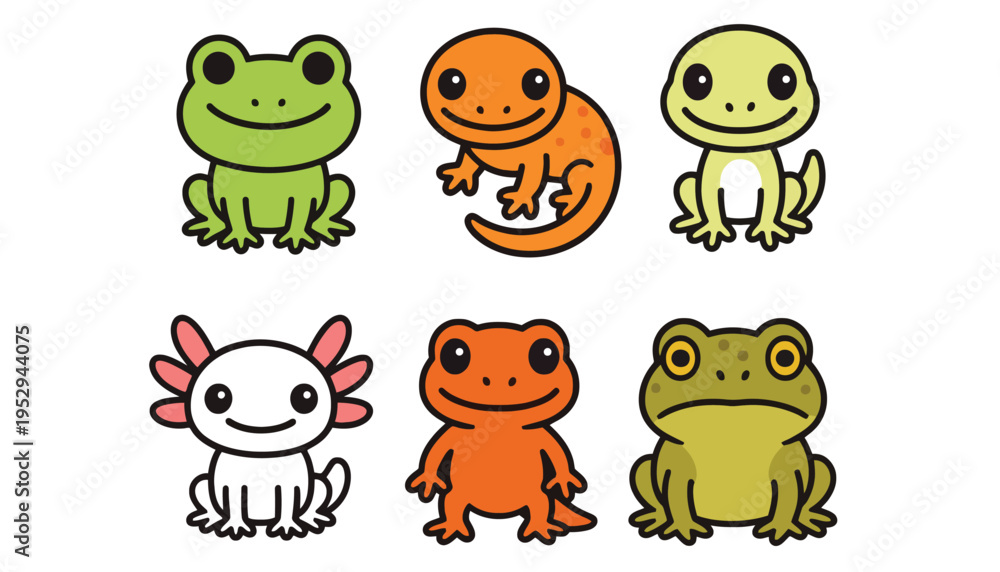 Obraz premium Frog vector illustrations of different species and colors smiling happily