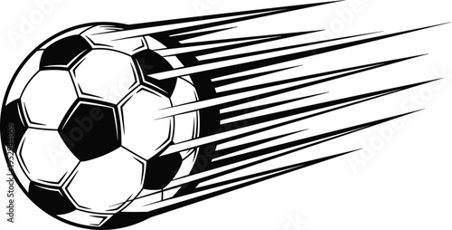 Black and white vector illustration of a soccer ball flying with high speed motion trails isolated on a white background for sports design