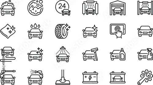 Car wash service icons set, auto detailing illustration collection, vehicle cleaning symbols, car maintenance graphics, washing, polishing, tire shine and detailing concepts