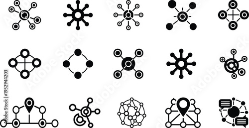 Abstract network connection icons set with nodes, links, communication, data sharing and digital connectivity symbols for technology and business vector design
