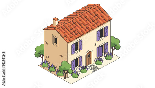 A house with a red tiled roof and purple shutters is illustrated