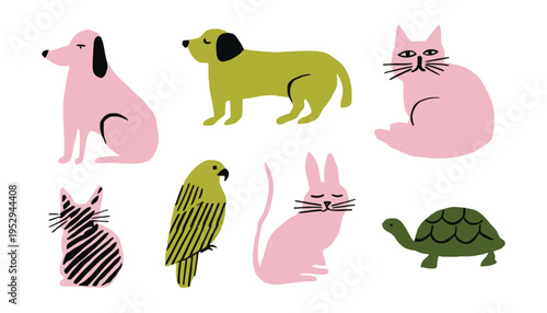 A colorful illustration of pets in various cute cartoon styles