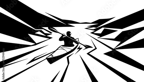 A black and white illustration of a man kayaking through a geometric landscape