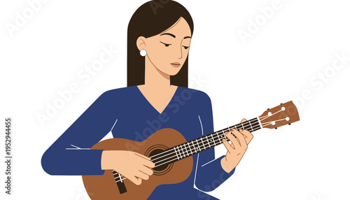 A woman playing a ukulele with a blue shirt on
