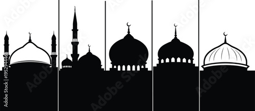 Black Mosque Silhouette Collection with Diverse Islamic Dome and Minaret Architectural Designs Isolated on White Background for Ramadan Kareem and Eid Mubarak Religious Festive Decorations