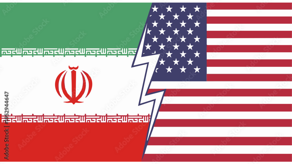 Obraz premium Iran and USA Flags Split Conflict Concept Minimal Vector Illustration