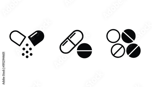 Pill icon set including capsule and tablet vector graphics