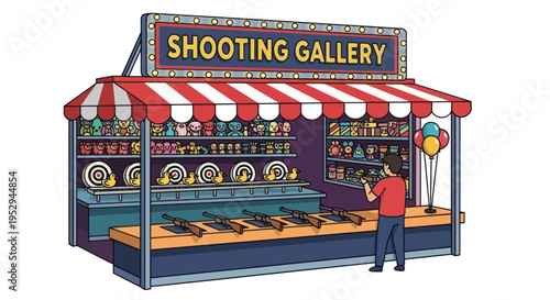Carnival Shooting Gallery Game with Player Aiming Toy Rifle at Targets
