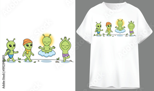 Cute green aliens in casual clothes, funny cartoon characters for t-shirt design and alien themed apparel, t shirt