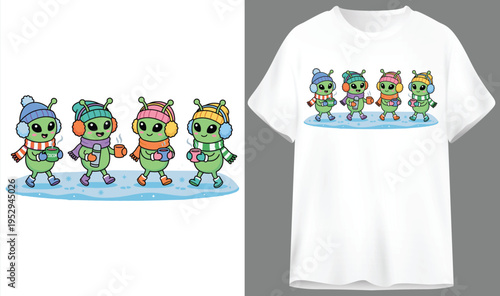 Charming green aliens wearing winter hats and scarves, a delightful cartoon group for alien themed t-shirt designs, t shirt