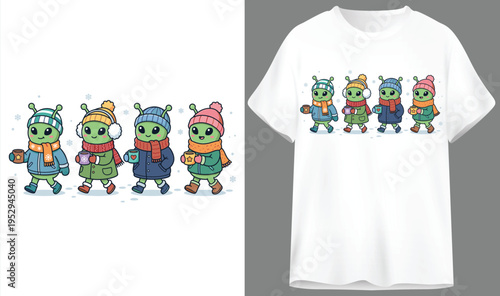 A happy crew of quirky green aliens in cozy winter attire with t shirt