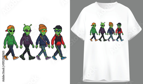 Walking green aliens in streetwear outfits, a cool cartoon group for unique alien themed t-shirt designs, t shirt