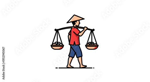 Asian man carrying baskets of goods on a shoulder pole, flat illustration