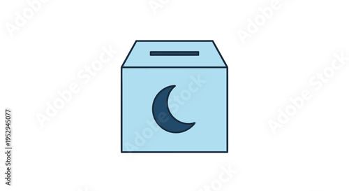 Light blue donation box with crescent moon icon on white background, flat design