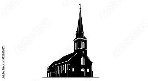 Elegant church silhouette with tall spire against a clean white background