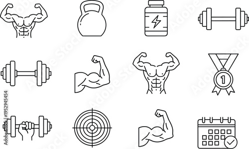 Sports nutrition fitness icons, supplements, protein powder, BCAA, capsules, bodybuilding strength, gym training, energy metabolism, achievement medal, vector illustration design