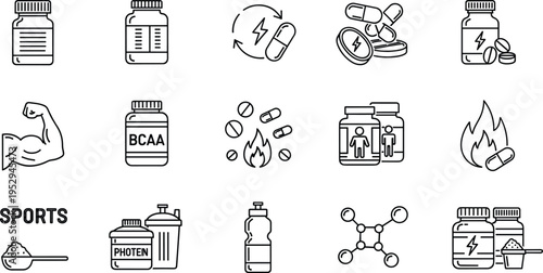 Sports nutrition supplement icons, protein powder, BCAA, capsules, bodybuilding, fitness, strength, metabolism, fat burning, shaker bottle, vector illustration design