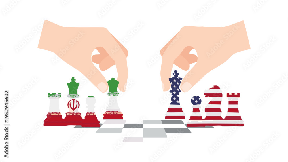 Naklejka premium Iran vs USA Chess Strategy Political Conflict Concept Vector Illustration