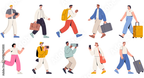 A colorful vector graphic illustration of people walking in various poses with luggage on transparent background