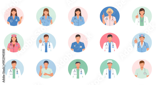 A vector graphic illustration of diverse medical professionals in various poses on transparent background