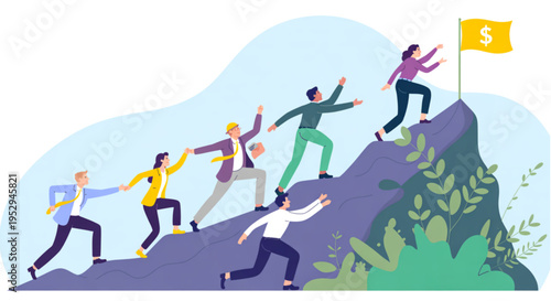 A group of people climbing a mountain to reach a dollar flag on transparent background