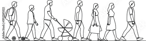 Cartoon life stages illustration with child, adult, pregnant woman, and elderly figures for family and society design