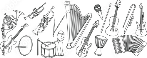 Cartoon musical instruments illustration with brass, string, percussion, woodwind, and microphone for music design