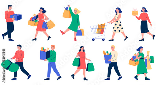 A colorful illustration of people carrying shopping bags and a cart on transparent background