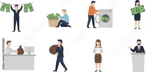 Cartoon money laundering illustration with people washing, carrying, and handling dollar bills for finance and crime design