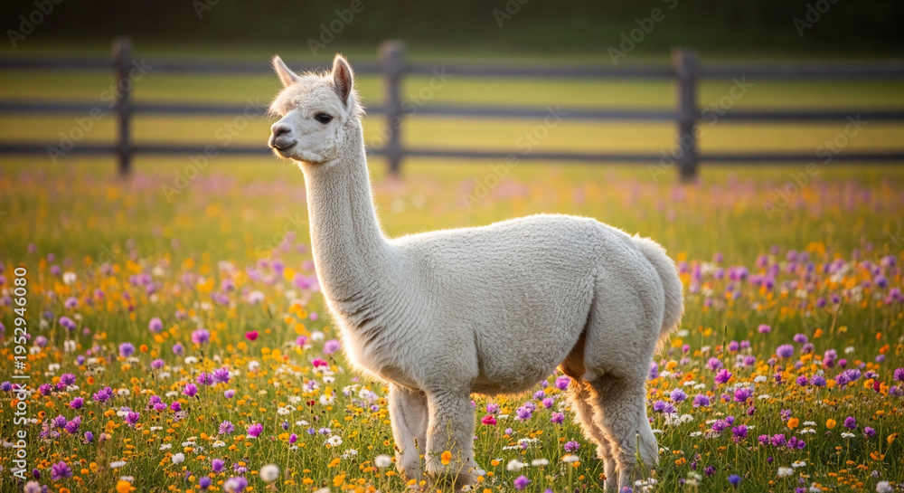 Fototapeta premium White alpaca stands in vibrant wildflower field with fence, symbolizing tranquility, nature, and pastoral beauty, perfect for eco-friendly or wellness concepts