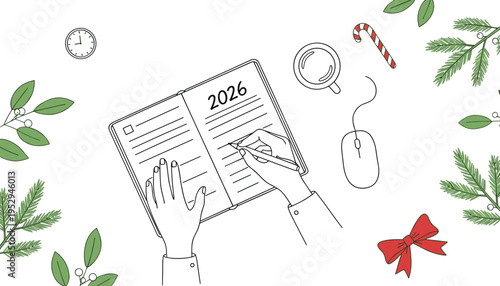 Cartoon festive New Year 2026 planning illustration with holiday decorations, journal, coffee cup, and cozy design
