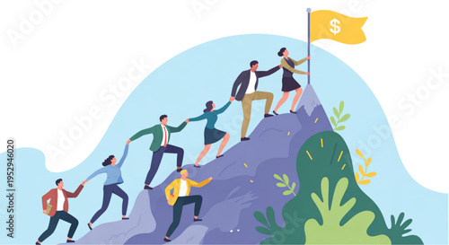 A group of business people climbing a mountain with a flag on top, symbolizing teamwork and success on transparent background
