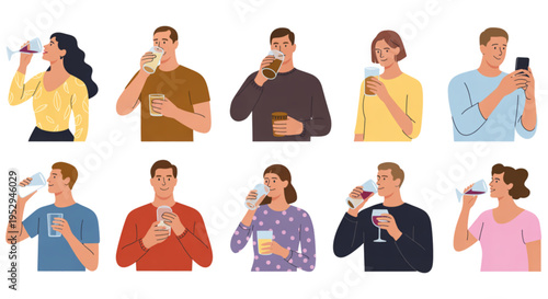 A colorful vector graphic illustration of people drinking from various glasses on transparent background