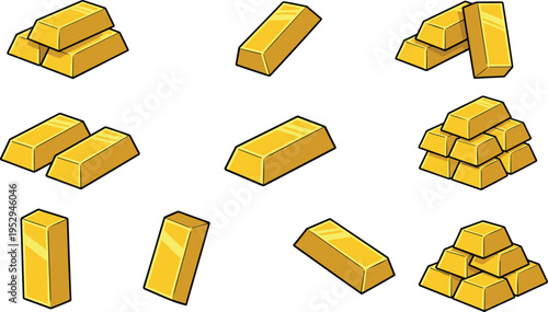 Cartoon gold bars illustration with shiny stacks, piles, and single bars for finance and wealth design