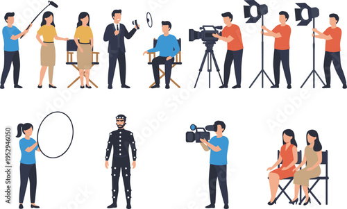 Cartoon film production illustration with camera operators, sound, lighting, makeup, and motion capture for movie design