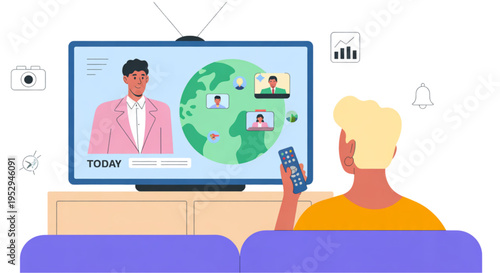 A man sitting on a couch watching a television with a video conference on the screen on transparent background