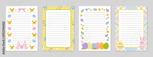 Set of 4 Easter A4 frame templates with bunnies, eggs, and floral decorations. Ideal for note paper, worksheets, invitations, and printable stationery.