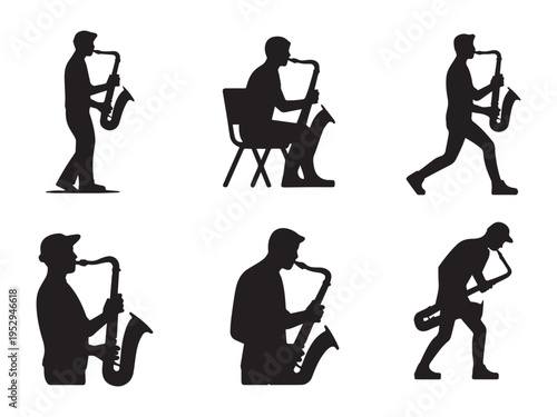 Jazz Day Six black silhouette figures playing saxophone in various poses music musician