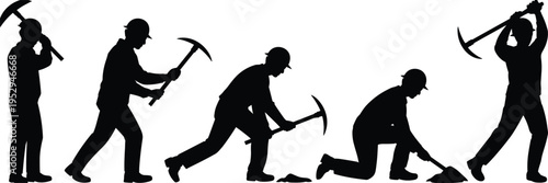 Mining worker silhouettes with pickaxe tools in sequential digging poses, excavation and manual labor concept, black vector illustration isolated on white background
