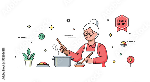 Grandmother teaching traditional cooking with a simple pot and wooden spoon highlighting heritage, culture, and passing down knowledge. A tiny badge Family