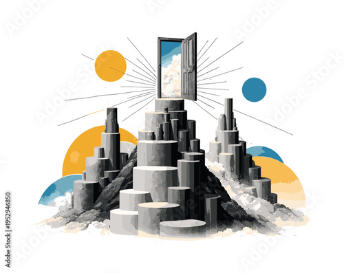 black and white surreal mountains made from stacked cylinders and geometric blocks, a floating vintage door opening into the sky, thin linear