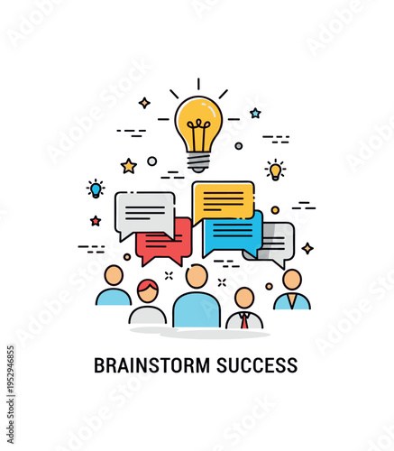 Group achievement creative collaboration concept with multiple speech bubbles merging into a single lightbulb icon above, symbolizing idea sharing