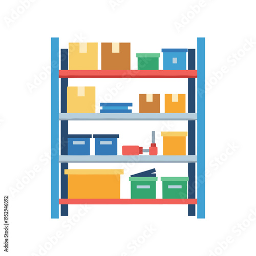 colorful storage shelf with boxes and containers