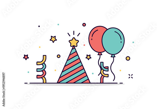 Kids birthday party decoration scene represented by a cheerful party hat, two balloons and curled ribbons arranged in balanced composition,
