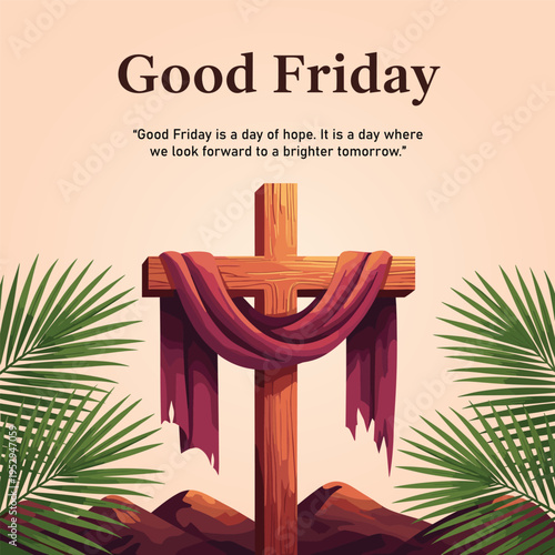 Good friday illustration featuring a wooden cross with draped cloth and palm leaves